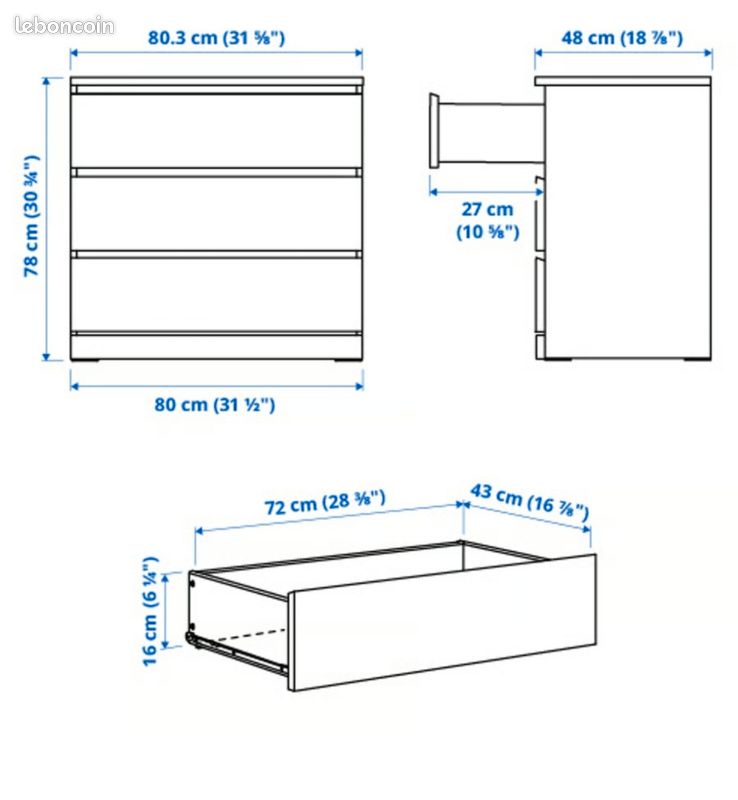 Commode malm 3 tiroir blanc (image 2)
