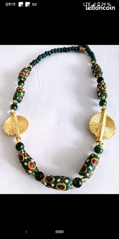 Collier Berbère Pâte De Verre - Longueur 42 Cm, Couleurs Noir Bleu Marron Blanc, Occasion