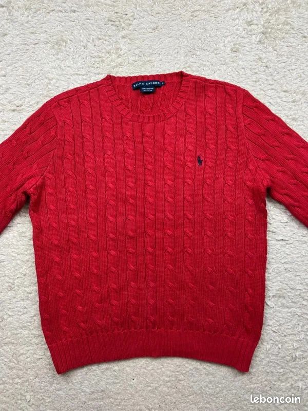 Pull torsadé col rond Ralph Lauren rouge logo brodé marine M