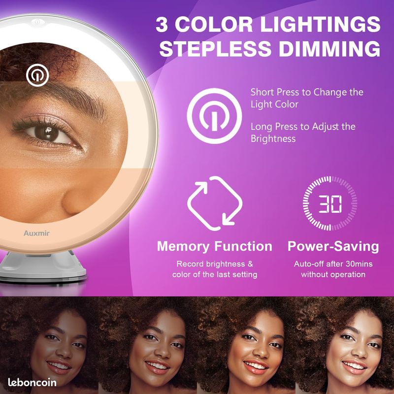 Miroir grossissant lumineux double face 30X/1X, 3 couleurs réglables, LED 2000mAh, rotation 360° (blanc) . - Electroménager Miroir grossissant lumineux double face 30X/1X, 3 couleurs réglables, LED 2000mAh, rotation 360° (blanc) . - Electroménager
