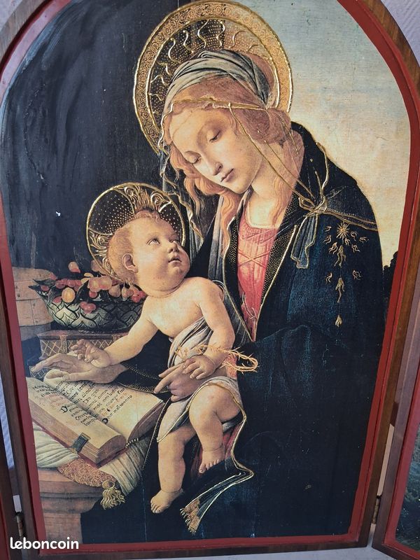 Ancien triptyque en bois épais vierge-jésus-anges vintage (image 4)