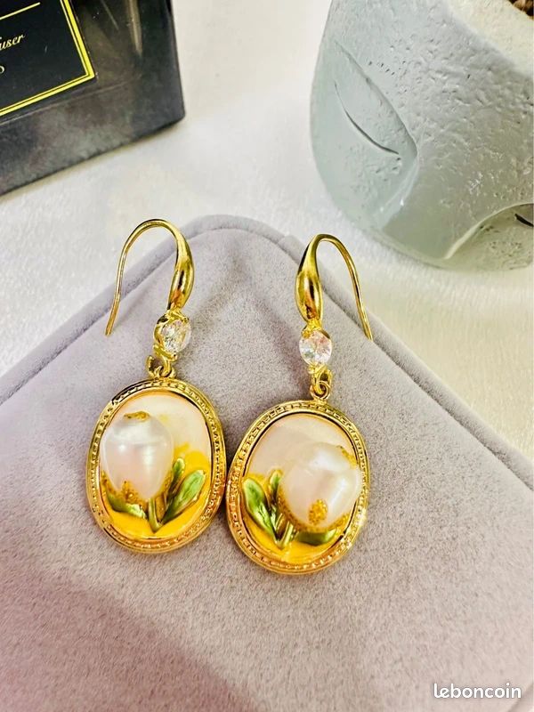 Boucles D'Oreilles Vintage Fleurs En Vermeil - Perles Grenats 15mm - À Vis - Occasion