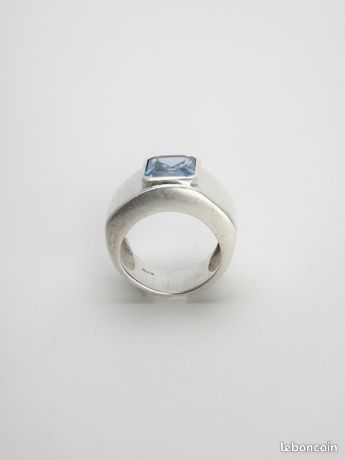 Bague Art Déco En Argent Avec Pierre (topaze ?) - Taille 55 - Poids 14,75 Grammes - Poinçon Minerve - Occasion