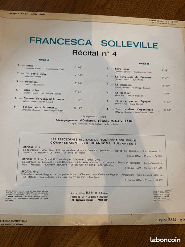 Disque Vinyle Francesca Solleville - Récital N4 (image 2)