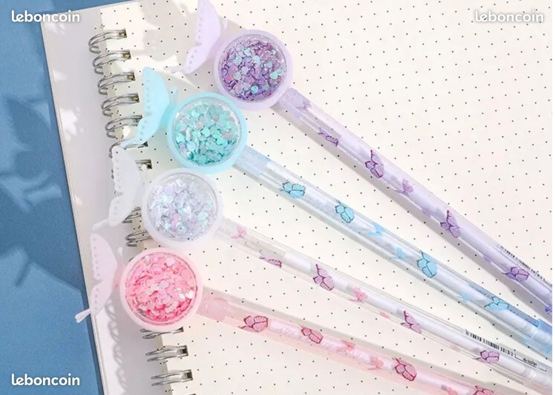 3 Stylos gel avec décor fleurs, animaux, paillettes, souvenir fête anniversaire enfants, fête fin d'année, neufs, 1/p (image 5)