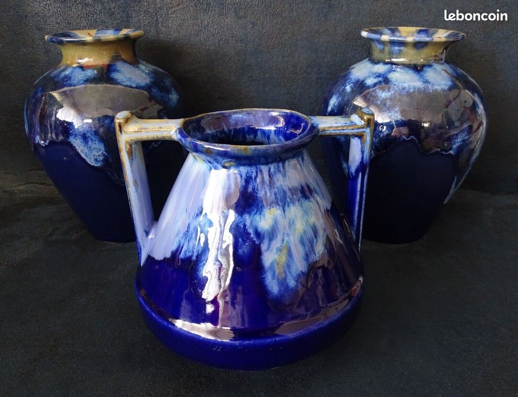 VENDUES / Vases Céramiques Grès du Morvan bleu + Alpho Alphonse Mouton design Art Nouveau rétro Vintage 1930's (image 2)