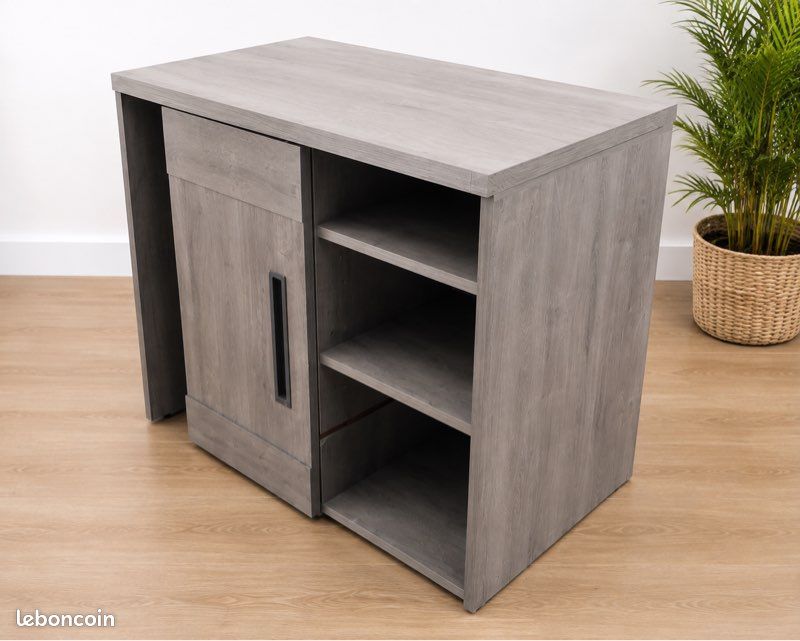 Meuble bar / console extensible avec plateau pivotant — coloris gris bois (image 1)