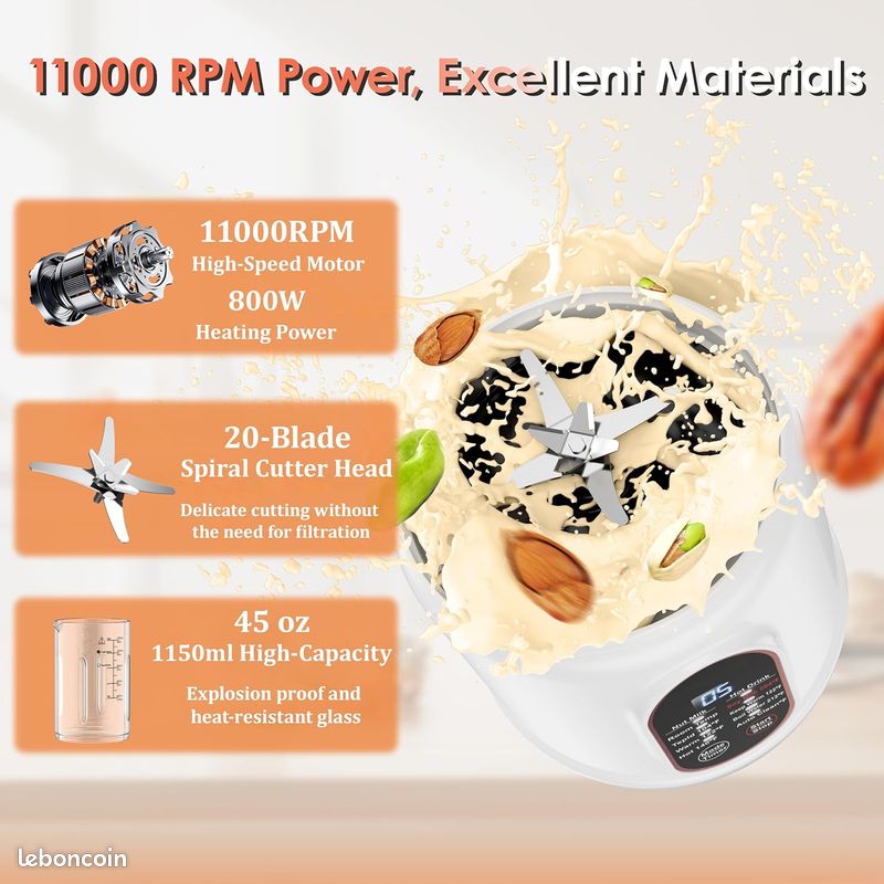 Machine à Lait Végétal NutSmart Cuisinart 1,2L - Préparation Rapide Lait D'amande, Avoine, Soja, Noix