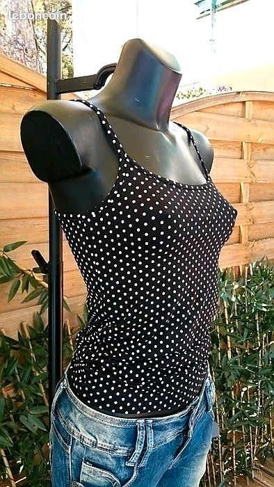 Top fines bretelles noir pois blancs style pin up neuf étiqueté - Main Image