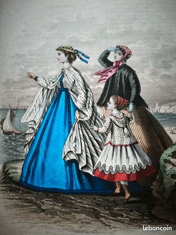 Gravure de mode ancienne 1869 robe en faye noire issue de