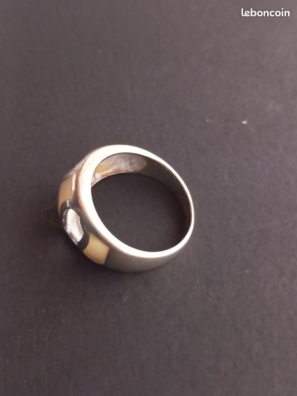 Bague Ancienne En Argent Massif 925 - Jonc Alliance Avec Incrustation Nacre, Taille 60