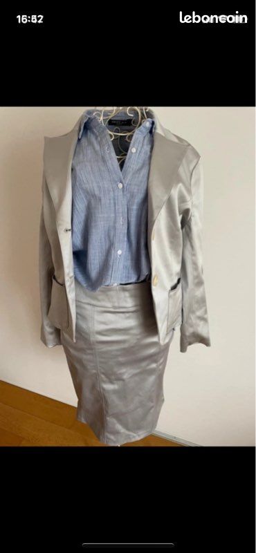 Tailleur Femme - Veste Longue Et Jupe - Rose Poudré - Taille 40/42 - Coton Mélangé - Occasion Très Bon état