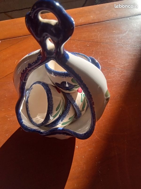 Service à dégustation panier avec 4 petites tasses 4,5x3,5cm avec anses décor fleurs faience de Quimper ht d fir r 5 (image 7)