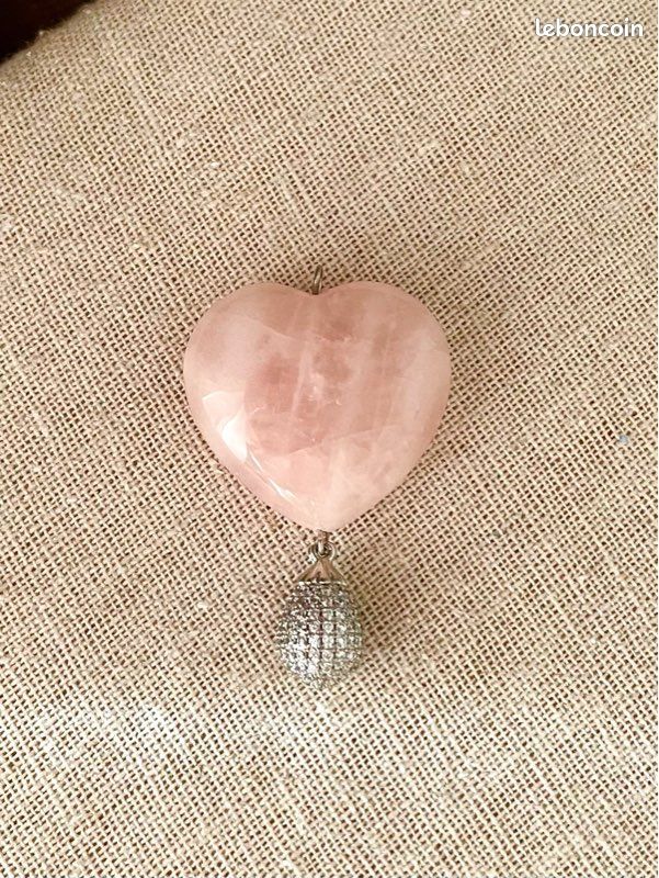 Pendentif Coeur En Quartz Rose Naturel - Pierre Fine - Laiton - Fait Main - Neuf Sans Boîte