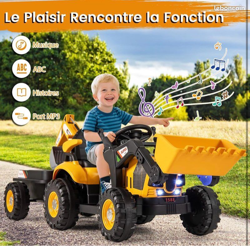 Tout neuf 4 en 1 Tracteur pour Enfant avec 6 Roues, Remorque Amovible, Pelle, Seau, Télécommande, LED et Musique, 3 Ans+, Jaune (image 8)
