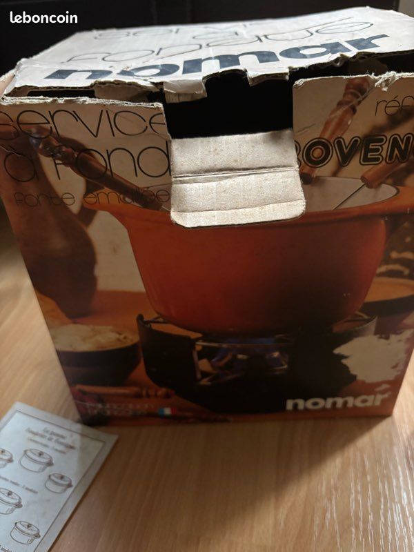 Service à fondue vintage en fonte émaillée orange Nomar avec boîte d’origine (image 11)