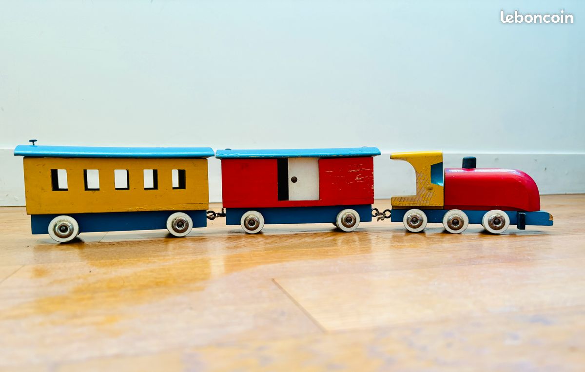 Train,locomotive et 2 wagons bois vintage 1960 (image 3)
