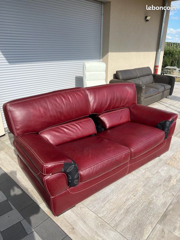 Canapé + fauteuil en cuir rouge Bartley & Bartley (image 1)