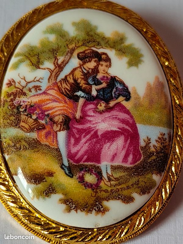 Broche Vintage Fantaisie Dorée Style Céramique - Occasion, Sans Marque