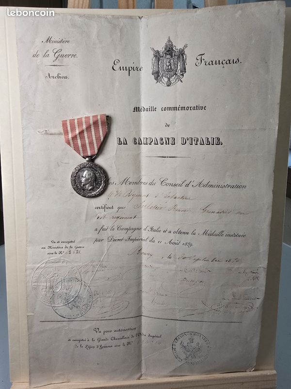 Diplôme médaille Italie 1859 Napoléon III 43e RI militaria (image 1)
