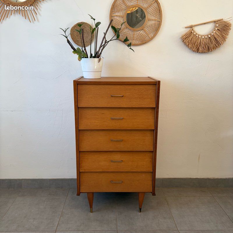 Commode Chiffonnier Vintage Rose 5 Tiroirs En Bois - Reconditionnée
