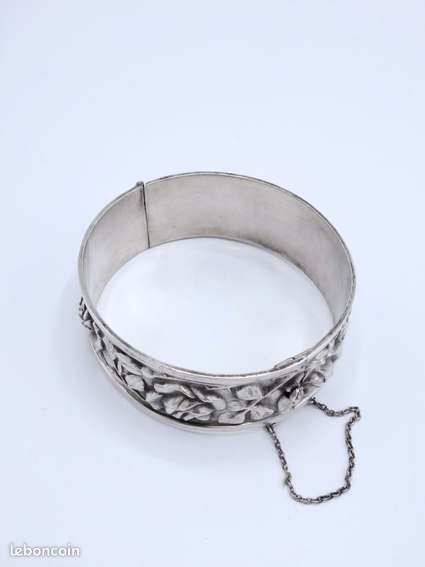 Ancien Bracelet Gourmette Jonc Art Nouveau Argent Massif 925 - Maille, Circa 1900
