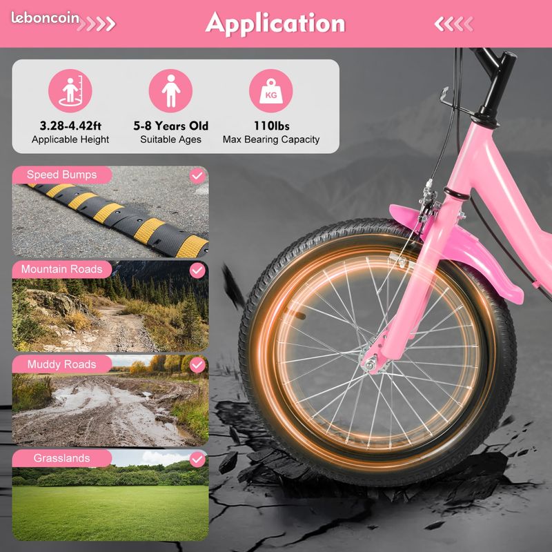 Vélo Enfant 16 Pouces – Cadre Acier Carbone, Siège Réglable 46–53 Cm, Roues Stabilisatrices Amovibles, Pour 4–8 Ans