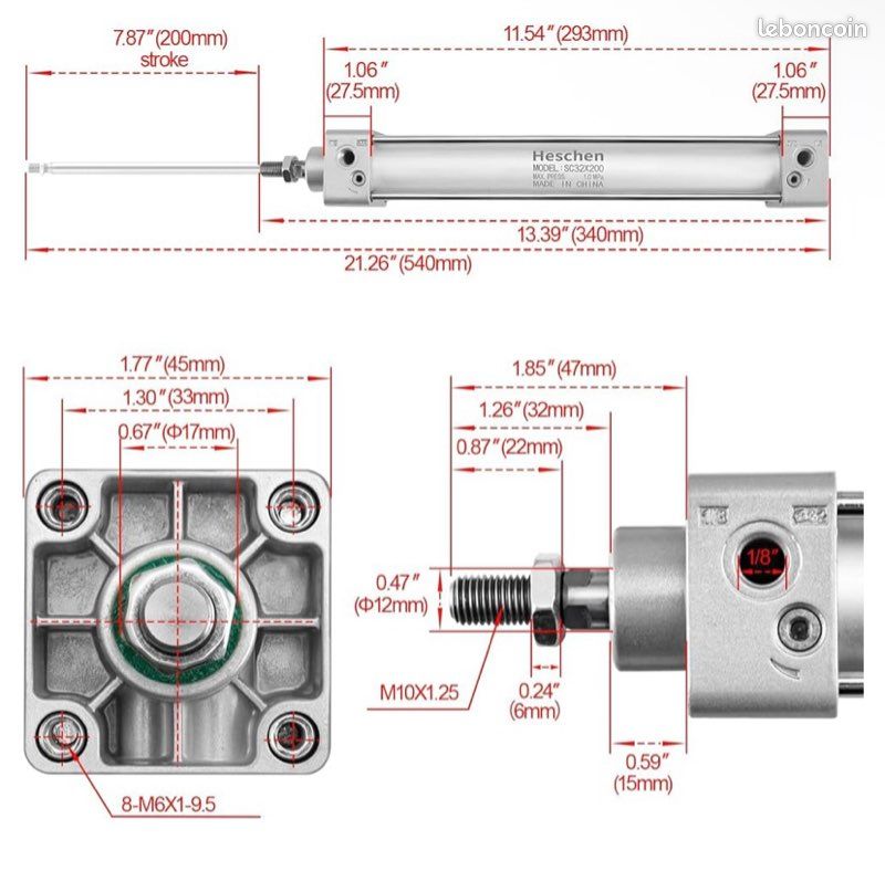 Heschen Vérin pneumatique Standard, SC 32-200, PT1/8" Port, Alésage 32mm, Course 200mm, Double effet neuf (image 6)