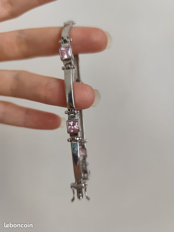 Bracelet en argent massif poinçonné 925 et zirconiums roses (image 5)