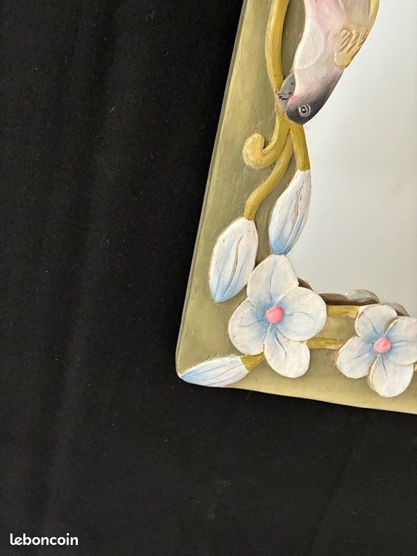 Miroir vintage en bois sculpté oiseau et fleurs (image 4)