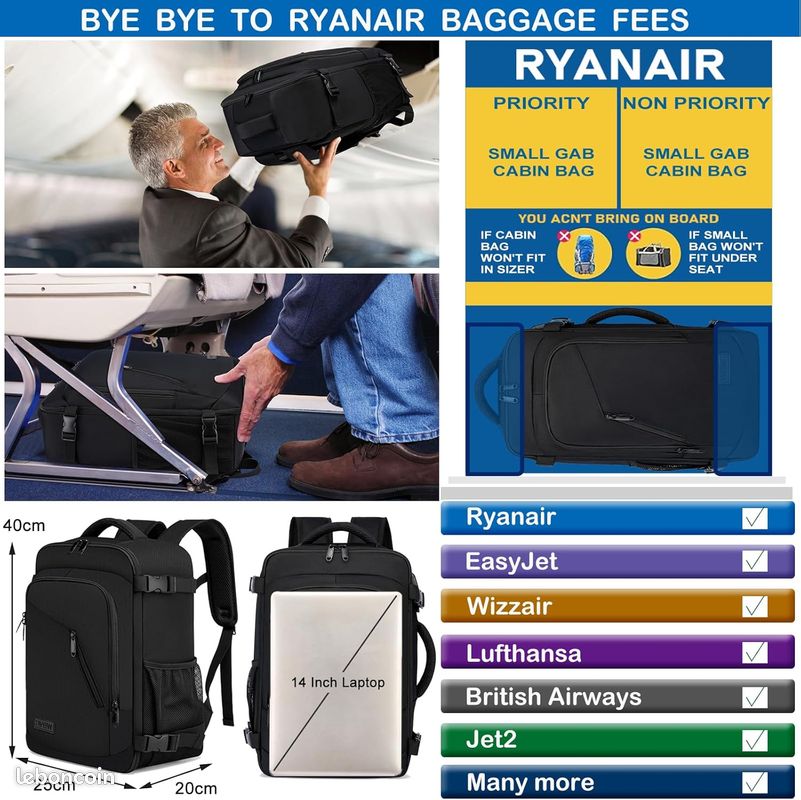 Bagage Cabine 40x20x25 pour Ryanair Sac à Dos Voyage Cabine Avion