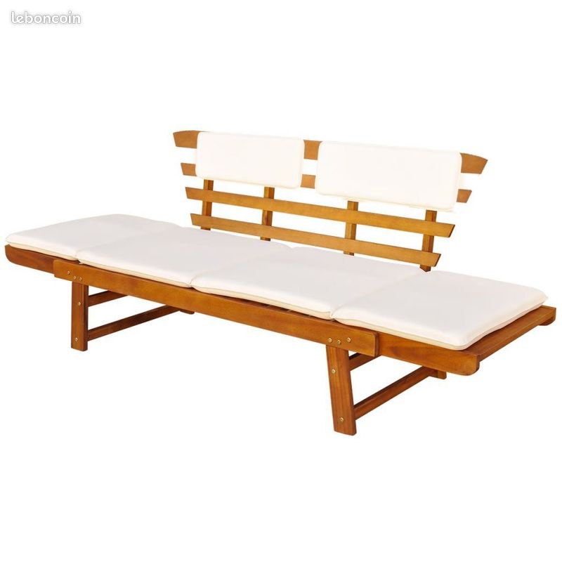 Banc intérieur ou extérieur convertible 190 cm, en acacia avec coussins (image 1)