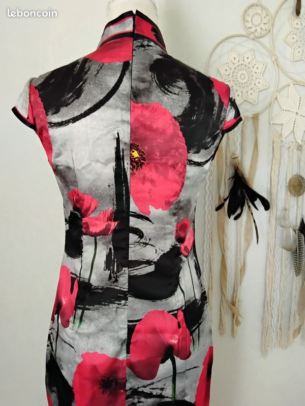 Robe longue cheongsam, noir et rouge, coquelicot (image 7)