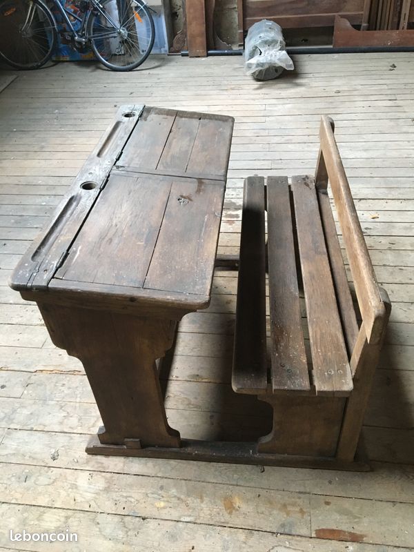 Ancien double pupitre/bureau d'écolier, en bois (image 1)