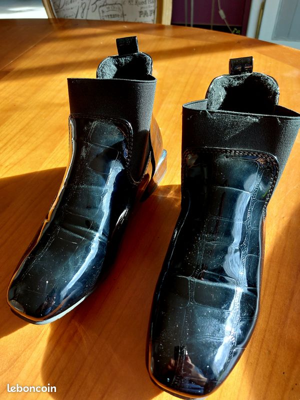 Bottines Femmes Noires Imitation Croco - Taille 39 - Talon Moyen - Occasion Très Bon état