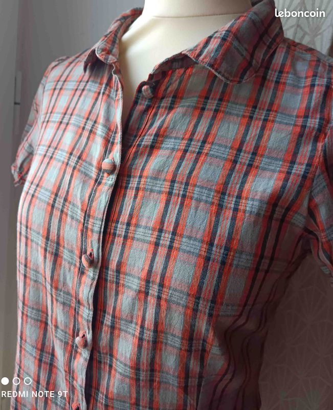 Chemisier H&M à Carreaux Orange Rose Bordeaux Manches Courtes - Taille 46 - Occasion Très Bon état