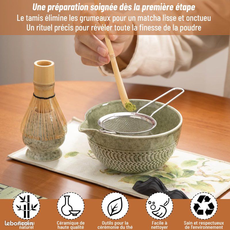 Ensemble Matcha Complet Bol Céramique 500ml + Support Fouet - Kit Cérémonie Thé Bleu