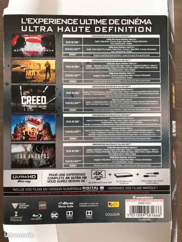 Fourreau carton seul : bluray 4k San Andreas + mad max fury road + Creed l’héritage de rocky balboa + la grande aventure lego + Batman v Superman l’aube de la justice (image 3)