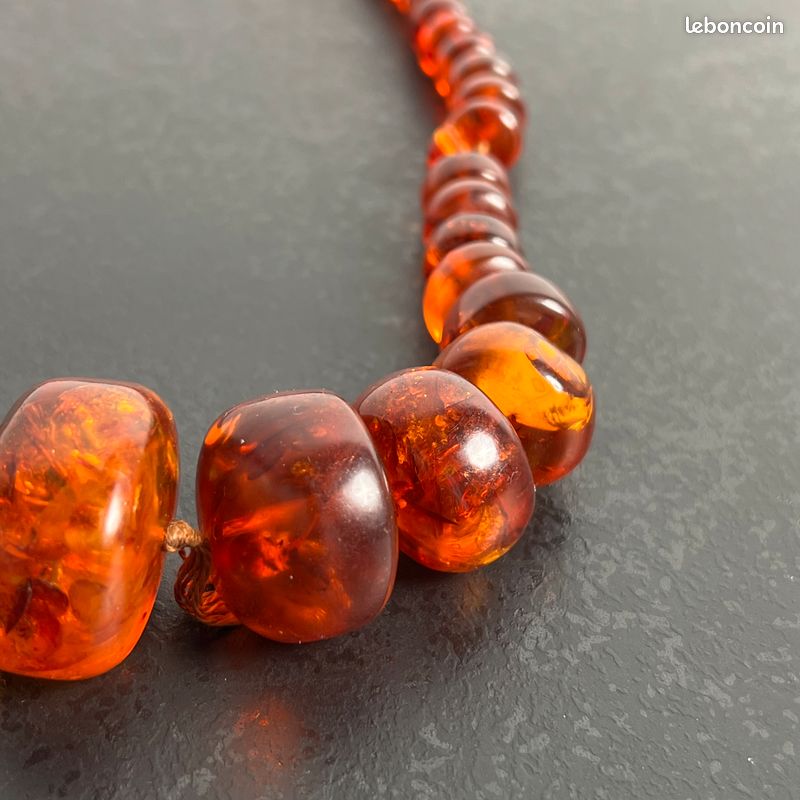 Collier Ancien En Ambre Naturel - Perles Ovales Plates - Vintage - Occasion Bon état