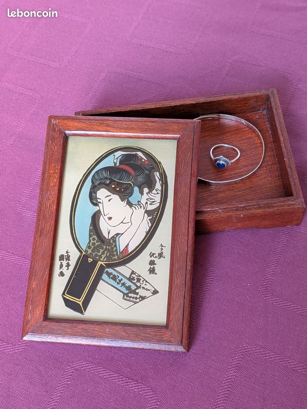 Boîte à bijoux vintage en bois - Inspiration d'Estampe Ukiyo-e Portrait de Bijin par Utagawa Kuniyasu, Artisanat japonais Mid-Century (image 2)