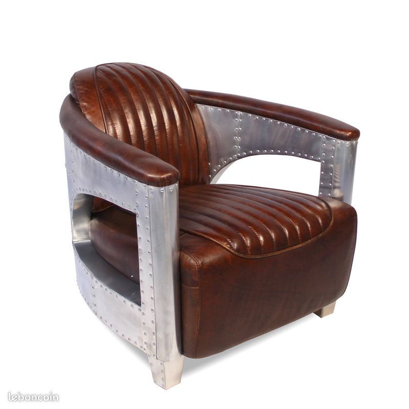 Fauteuil Aviateur cuir Noir vintage et Aluminium Riveté "Byrd" (image 3)