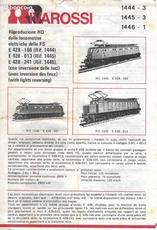 Locomotive Rivarossi FS E428 013 – Échelle HO – Réf 1445 – Occasion Super état