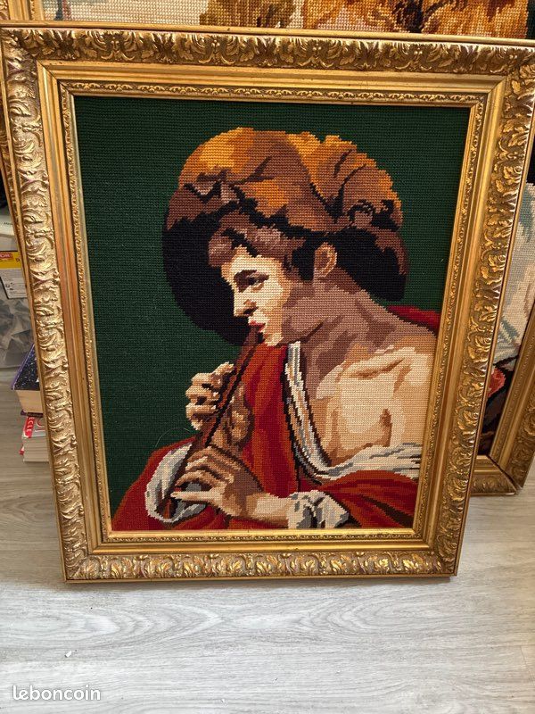 Lot de 3 Grand tableau canevas vintage brodé main – Les enfants dessinateurs, cadre doré (image 2)
