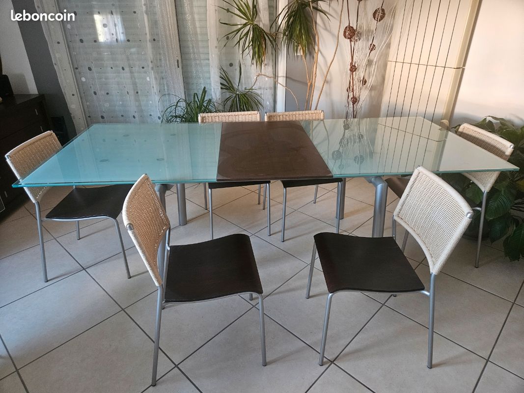 Bahut chêne brun, table verre calligaris et 6 chaises (image 5)