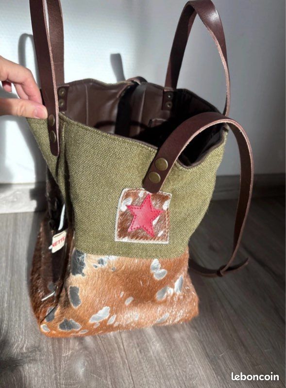 Sac à Main Pomponette Tissu & Cuir - Taille Moyenne, Motif Petit Pois - Occasion Bon État