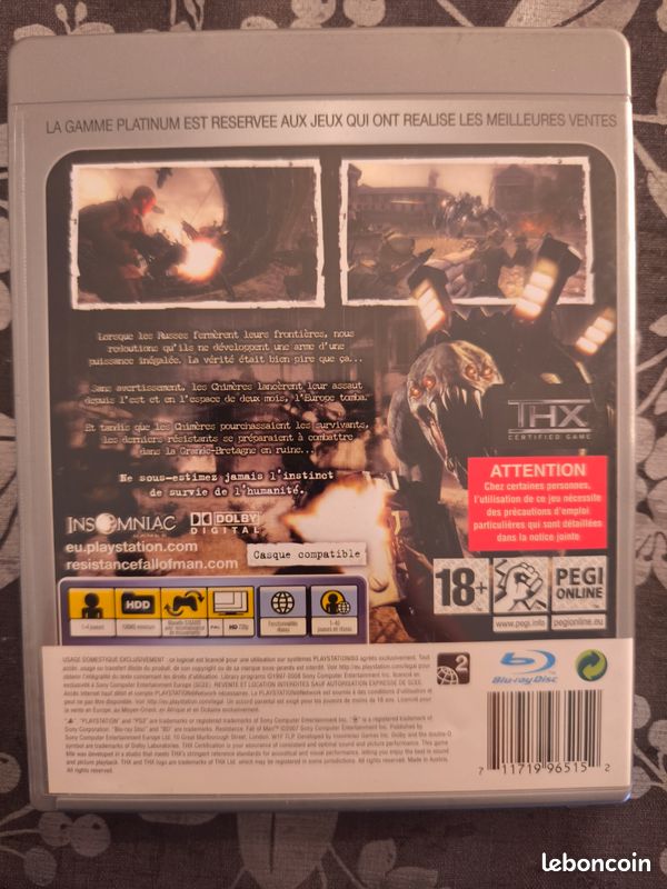 Jeu Resistance: Fall Of Man Platinum PS3 - Version PAL FR Avec Notice, Bon état