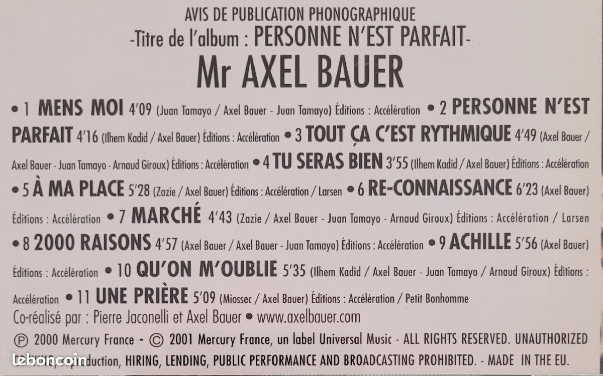 CD Axel Bauer Personne n'est parfait (image 2)
