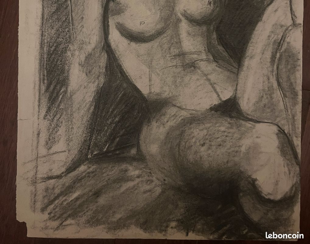 Dessin Au Fusain Représentant Un Nu Féminin - École Des Beaux-Arts, Style Années 70