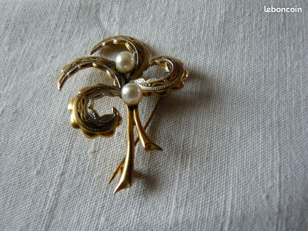Broche Ancienne En Métal Doré Avec Perles - Bijou Vintage, Alliage, Classique, Bon état