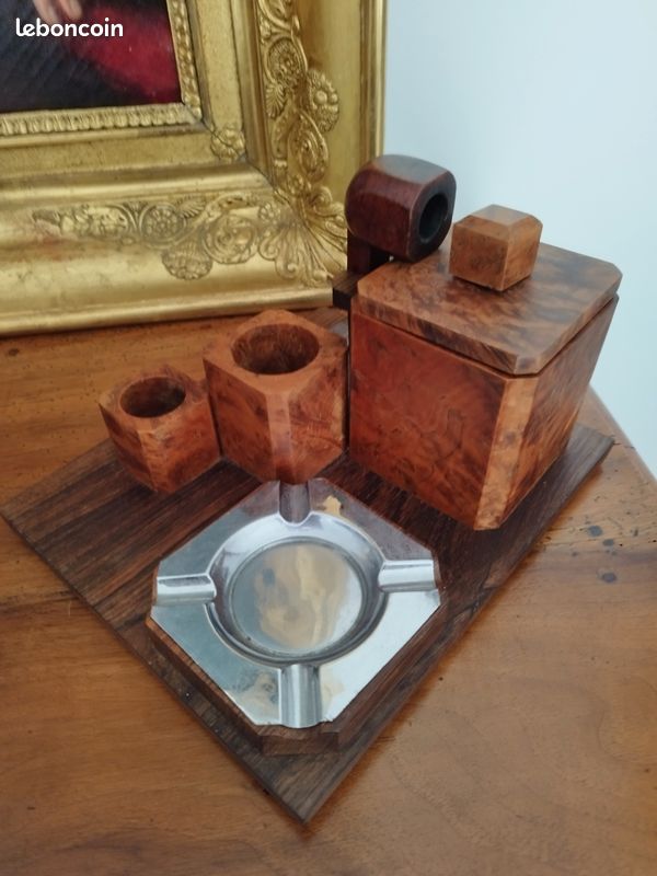 Nécessaire De Bureau Art Déco En Bois De Loupe Et Verre - Élégant Et Authentique